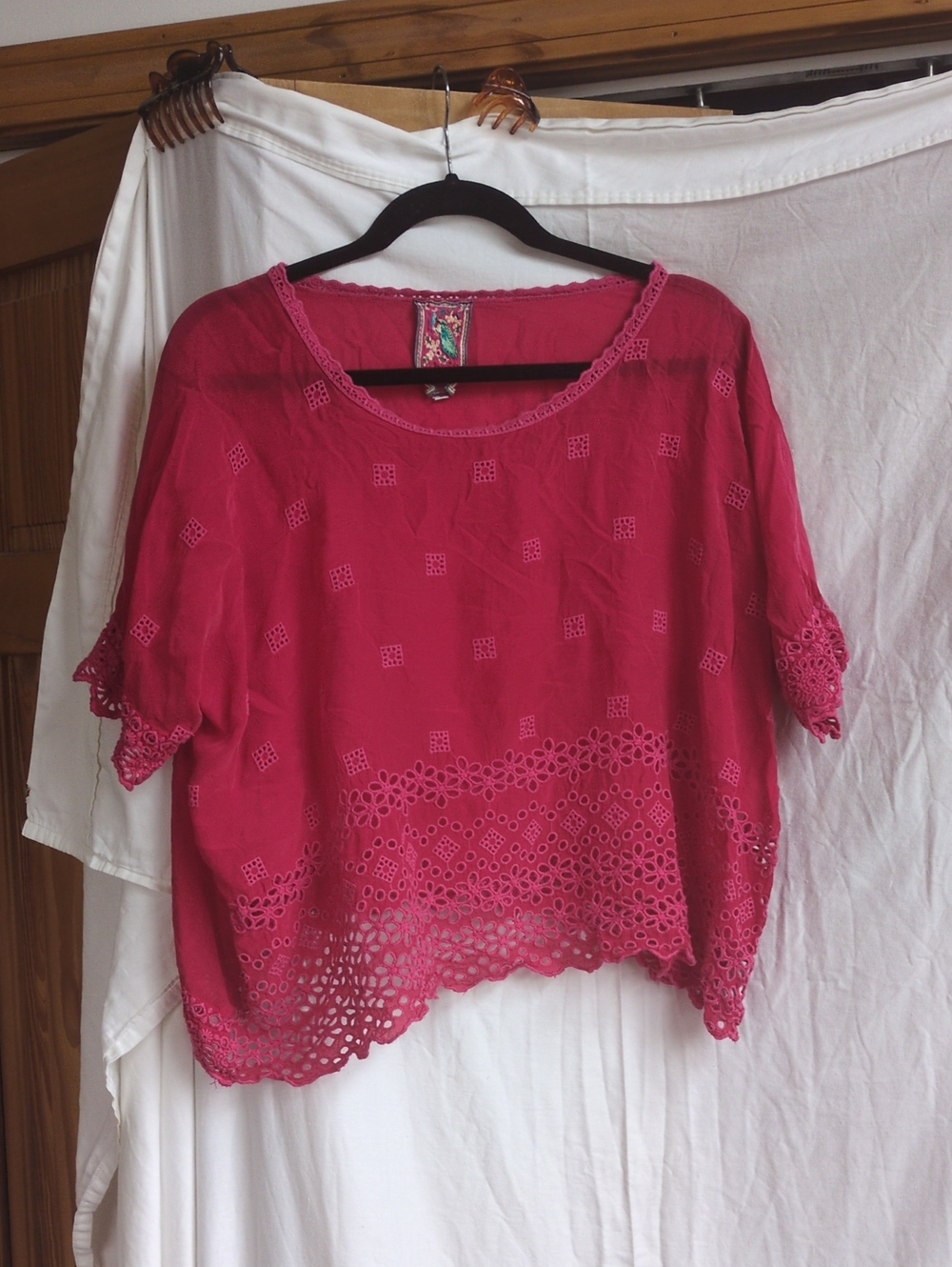 Johnny Was Fuchsia Eyelet Crochet Short Sleeve Top